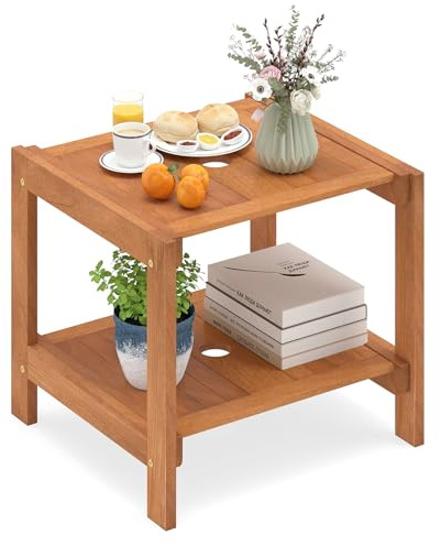 COSTWAY Beistelltisch Holz wetterfest, Gartentisch mit Schirmloch & Ablagefach, Holztisch, Kleiner Balkontisch, Kaffeetisch für Garten, Balkon, Terrasse, 51 x 48 x 45 cm
