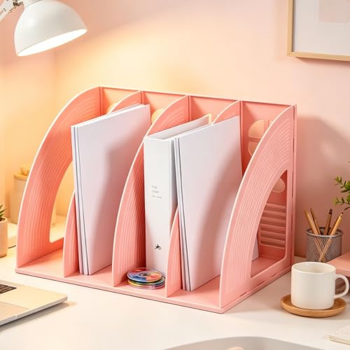 Vurixfo A4 File Holder, Pink | 4 Sections, Magazine Folder Desk Organizer, Plastic Document Rack Vertical Storage, For Office, 33.3 x 23.6 x 23.6 cm