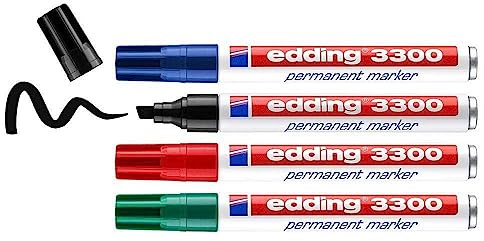 edding 3300 Permanentmarker - schwarz, rot, blau, grün - 4 Stifte - Keil-Spitze 1,5-3mm - schnell trocknender Permanent Marker - wasserfest, wischfest - für Karton, Kunststoff, Holz, Metall