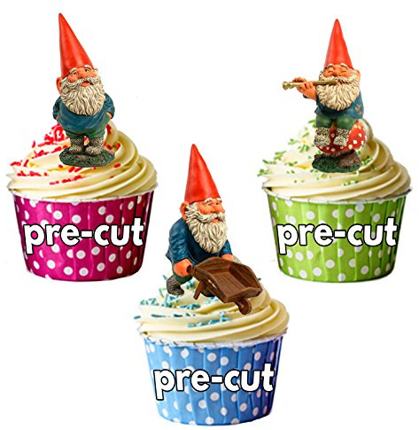 AK Giftshop PRE-CUT Garden Gnome Allotment - Edible Cupcake Toppers/Cake Decorations (Pack of 12)