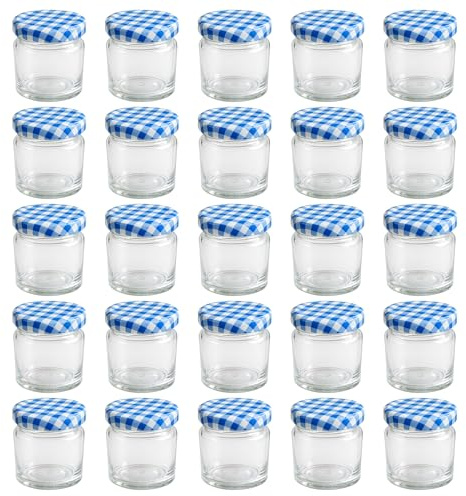hocz 25x Mini Marmeladengläser 50 ml Set | Deckel Blau Kariert TO 43 | kleine Einmachgläser mit Schraubdeckel zum befüllen | Schraubgläser | leere Gläser für Marmelade | 25 Stück