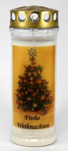 Grabkerze mit Spruch und Motiv Weihnachten, (21x7,5 cm) Grablicht mit 7 Tage Brenndauer (3879), Wetterfestes Trauerlicht mit Deckel, Hochwertige Trauerkerze, Edle Gedenkkerze aus Deutschland