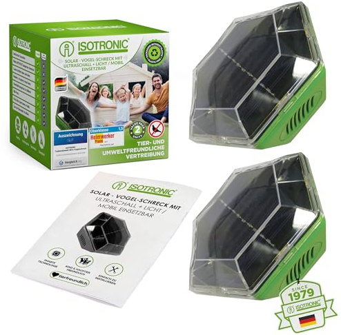 ISOTRONIC Répulsif Solaire Flash et ultrasons – Éloigne Pigeons et Oiseaux – Idéal Balcon et Jardin – Portée 150 m² – Protection Saine et Efficace (2 unités)