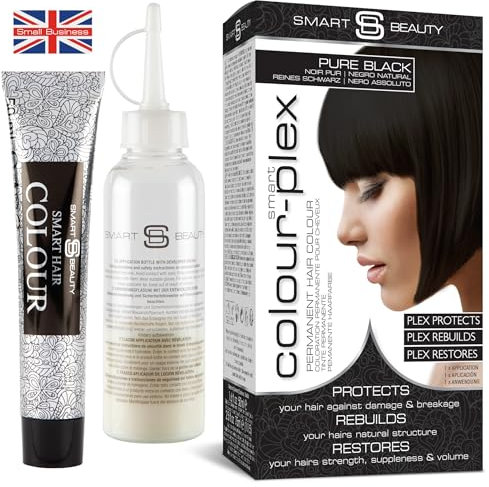 Reines Schwarz permanente Haarfarbe mit Anti-Haarbruch Plex Haarpflege, vegane Haarfarbe & ohne Tierversuche, 100% Grauabdeckung, natürliche schwarze Haarfarbe, für alle Haartypen. Smart Beauty