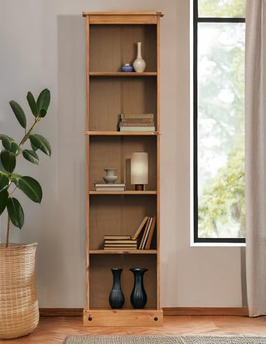 Corona Furniture Tall Narrow Bookcase Solid Wood Pine Wooden Shelving Unit Slim Shallow Book Shelf Mexican Style Office Hallway Lounge Living Room Bedroom 176cm High 46cm Wide 20cm Deep