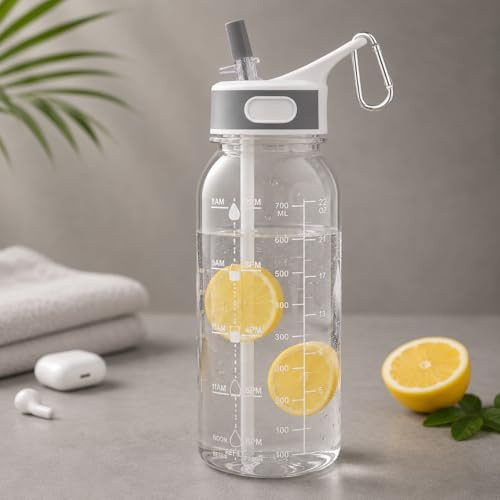 Louis Donné 28oz/800ml Motivational Water Bottle with Straw BPA Free Leak Proof Sports Bottle with Time Marker & Handle, Fits Cup Holders for Adults School Gym Outdoors