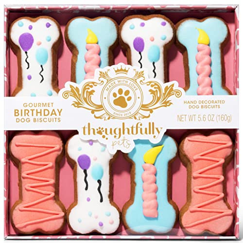 Thoughtfully Pets, Geschenkset mit Keksen zum Geburtstag des Hundes, handverzierte knusprige Hundeleckerlis in Knochenform, ideal für Hundegeburtstage, 8er-Set