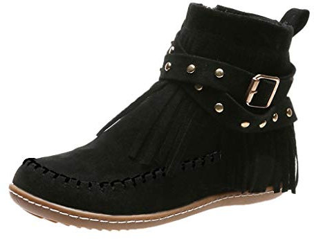 Booties Frauen Retro Quaste Wildleder Flacher Reißverschluss Einfarbige Kurze runde Zehen Schuhe (42,2Schwarz)