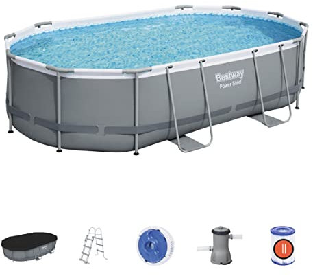 Bestway Power Steel Above Ground Pool, Garden Swimming Pool Set with Filter Pump, Pool Ladder and Pool Cover, Grey, 16 ft, BW56448GB-21
