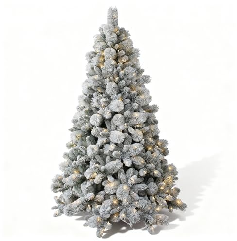4Ft/1.2M Pre-Lit Snowy Helsinki Fir Snow Covered Flocked Luxurious Artificial Green Christmas Tree Bushy Xmas Holiday Home Decoration Warm White LED Lights Last Up To 50,000 hrs