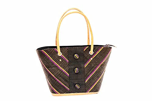 Raphia Tasche Dreiknopf 46 x 25 cm, Damen Korb Stadt Tasche Raffia Strand Tasche Naturmaterial Grastasche Basttasche City Bag Handarbeit Öko Tasche plastikfrei Fair Handel Eco Bag