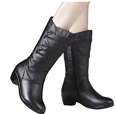Hbeylia Winter Snow Boots for Women Ladies Fashion Casual Leather Round Toe Chunky Block Low Heels Warm Mid Calf Riding Boots with Fleece Lining Thermal Dress Short Boots Halloween Christmas Favor