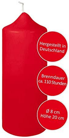 FINK Stumpenkerze rot für Weihnachtsdekoration Adventsgesteck - raucharm duftneutral - H 20 D 8 cm - RAL Qualität