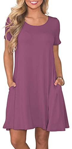 AUSELILY Vestidos Verano Mujer Vestido T-Shirt Casual Manga Corta con Bolsillos Malva S