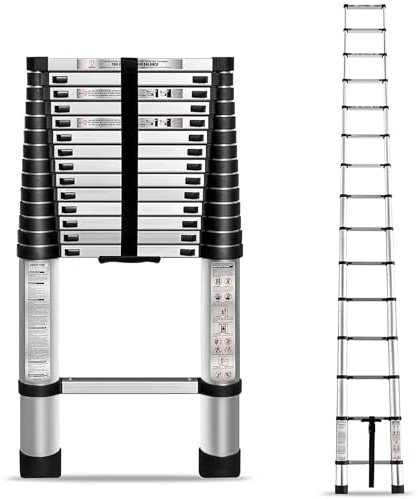 HOSTIC 14.5 FT Telescoping Ladder 330 lbs Capacity Heavy Duty Aluminum Extendable Ladder Collapsible Locking Mechanism for Attic Household Use Outdoor Work