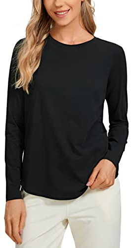 CRZ YOGA Magliette a Maniche Lunghe da Allenamento in Cotone Pima Donne Top Casual da Yoga a Girocollo Nero 46