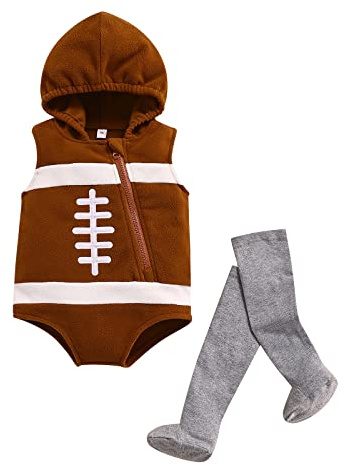 Conjunto de mameluco creativo de rugby para bebé, traje de fútbol americano con cremallera y capucha, sin mangas + medias, marrón, 12-18 Months