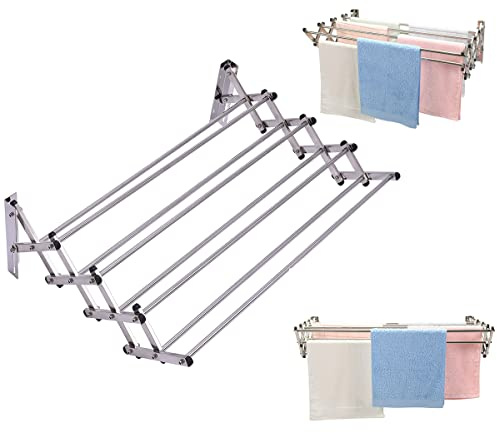Generico Stendibiancheria Estensibile da Parete, Stendino da Muro con 8 Pali in Acciaio Inossidabile, Stendi Biancheria Salvaspazio per Lavanderia, Balcone, Bagno, 25 kg di Capacità, 86 x 62 x 22 cm