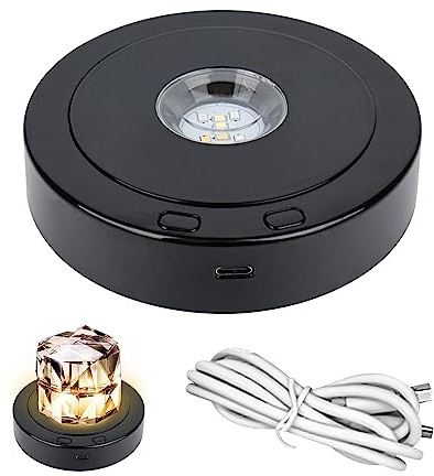 JOJOCY Rotatable Round LED Light Base, 4 Revolving & 8 Light Modes Display Stand, Multiple Led Color Rotating Display Base for Crystal Statues Glass Ball Glass Art (Black)