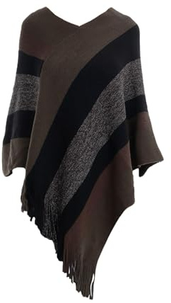 Rayson Cape Poncho Femme Tricoté avec Rayures Hiver Chaud Poncho Chale Femme Long col V Chic Crochet Pull Poncho avec Franges(Vert,Taille Unique)