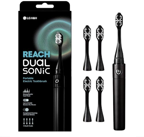 Reach Dual Sonic Electric Toothbrush, 1 Handle 4 Toothbrush Heads, 2 Brushing Modes Strong & Gentle, Portable Travel Toothbrushes Adults, 27000 VPM with AAA, up to 150 Hours Last, Black