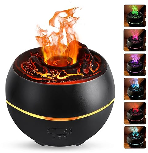 Diffusore di Oli Essenziali a Forma di Vulcano, 360 ml, con Timer (Nero) | Diffusore di Aromi a Fiamma, Spegnimento Automatico, Luce Notturna 7 Colori, Umidificatore per Camera, Ufficio, Yoga, SPA