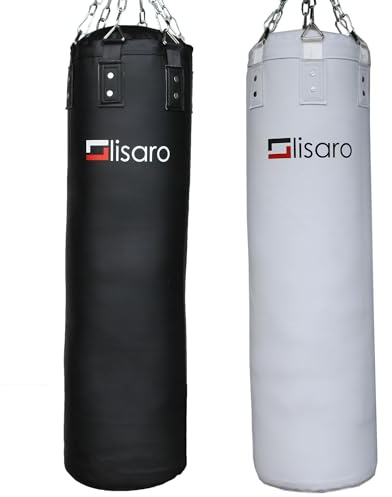 Lisaro Premium Boxsack gefüllt/ungefüllt | geeig. für Jede Sportart | inkl. 6er-Punkt – Stahlkette | Boxen & MMA | Kampfsportarten | 120 * 35CM | 30KG | schwarz/weiß