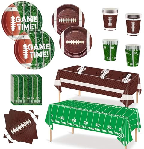 Xindtek Football Party Supplies Kit Serve 24, Including Dinner Plates Dessert Plates Napkins Cups Plastic Touchdown Tablecloth for Birthday Party Decorations