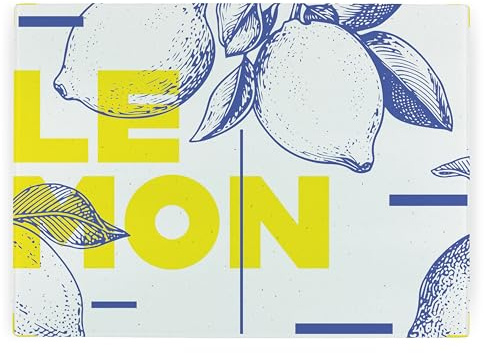 Lemons Blue & Yellow Rectangular Glass Worktop Protector - Large Textured Kitchen Cutting Board Worktop Saver with Non-Slip Feet 39cm x 28.5cm (15 x 11)