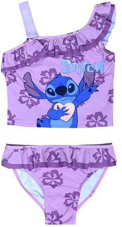Disney Lilo & Stitch Maillot de Bain Fille 2 Pièces, Bikini Enfant avec Volants, Lilas, 9-10 Ans