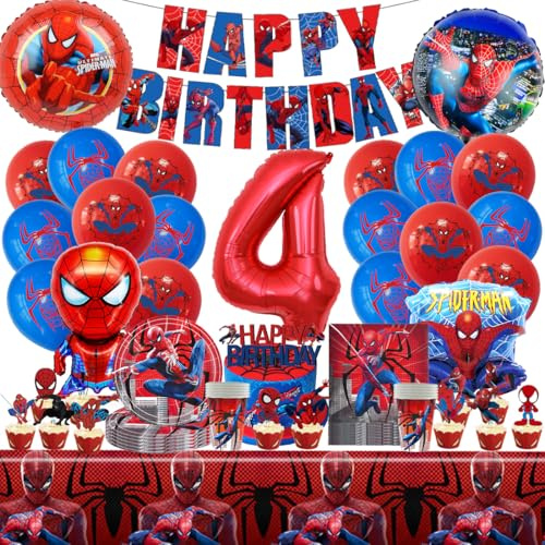 Spider Geburtstagsdeko 4 Jahre, Spider Kindergeburtstag Party Deko, Partygeschirr Set, Kindergeburtstag Dekoration Teller Becher Servietten Tischdecke