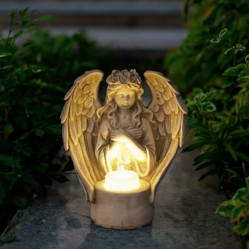 Tuzsocr Statues d'ange de jardin - Bougeoir ange gardien en prière - Avec bougeoir LED - Résistant aux intempéries - Décoration funéraire pour cimetière - En résine - Pour pelouse, cour, terrasse,