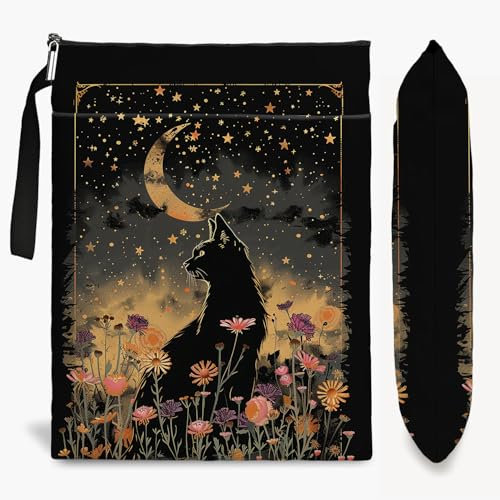 Cat Book Sleeve,Book Covers for Paperbacks,Book Sleeves with Zipper, Book Pouch Cat Lover Gifts for Women Teacher Daughter Graduation Birthday Gifts (Black Cat and Flower, Large)