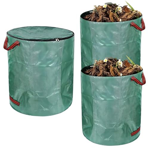 GOEDCH Sacco per Rifiuti da Giardino: 3 Pezzi 120L Sacchi Giardinaggio con Coperchio e Maniglie, Sacchi Giardinaggio Autoportante e Pieghevole, Sacchi per Raccogli Foglie da Giardino per Foglie, Erba