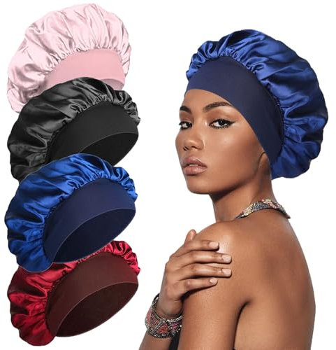 YSFVNP Silk Hair Bonnet for Sleeping - Satin Wrap Suitable for Long and Curly Hair in Burgundy, Black, Pink, Navy Blue (4 Pieces)