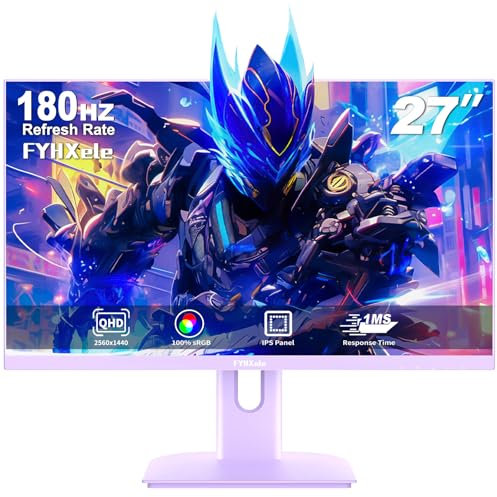 FYHXele Gaming Monitor Purple 27 Zoll 2K 180hz QHD (2560X1440) IPS 1ms MPRT 16:9 Violett PC Monitor Eingebaute Lautsprecher Unterstützung 144hz/165hz/180hz Freesync Premium DP1.4 HDMI2.0 VESA