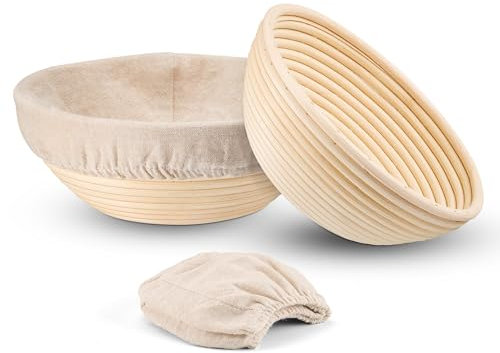 E-far Banneton Bread Proofing Basket Set of 2, 9 Inch Round Dough Bowls for Rising, Sourdough Bread Baking Supplies with Liners for Home and Professional Baking