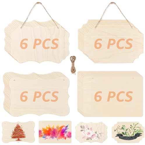 YAYODS 24 placas de madera sin terminar, 22 x 15 cm, para escribir con cuerda de yute, en blanco para colgar, cartel de madera para bricolaje, pintura, escritura y decoración