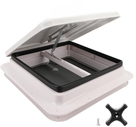 Kikumi Roof Vent for Motorhome, White Cover with Screen and Support Rod for Trailer, Caravan, Camping Vehicle, 13.39 x 13.39 Inches