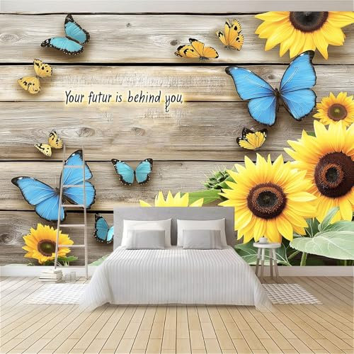 Vlies Fototapete 3D Effekt Braun Holzhintergrund Sonnenblumen Schmetterlinge Vliestapete - Wandtapete Für Wohnzimmer Schlafzimmer Büro Flur Tapete Kinderzimmer Jungen Mädchen Wandtapete 400 x 280 cm