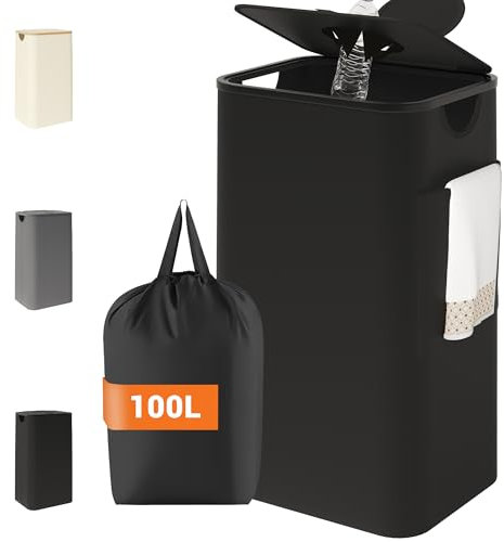 YOUDENOVA 100L Collecteur de bouteilles consignées avec couvercle & étanche aux odeurs, poubelle de cuisine, stockage des bouteilles vides & verre, support de sac poubelle pour débarras, noir