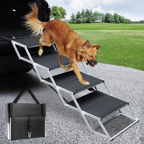 SDLDEER 4 steg hundsteg för bil, vikbara hundtrappor för stora hundar, halkfri yta aluminium bärbar hundramp för bilar, SUV, lastbilar, stöder upp till 113 kg