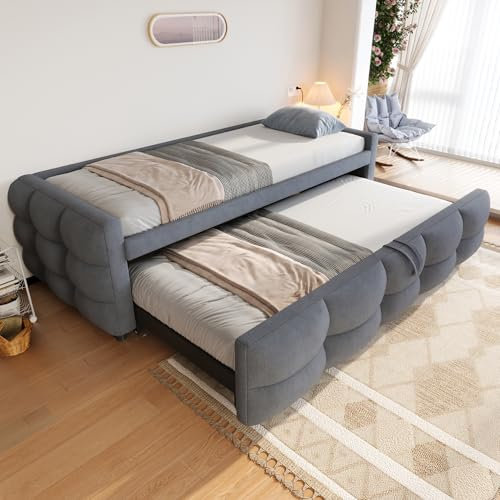 TZCIN Polsterbett Ausziehbares Schlafsofa 90/180 * 190cm, Puffbett, Teddy Samt Stoff, Einzelbett, Doppelbett, Mit Lattenrost, Multifunktionsbett, Grau, Ohne Matratze