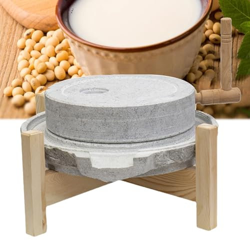 Handmade Lime stone Stone Mill,Manual dry/wet grain mill with wooden stand, manual grain stone mill for home kitchen, traditional stone mill,suitable for grinding grains, wheat, almonds(25cm/9.8in)