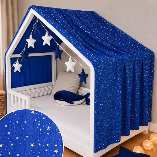 YellowNest Hausbett Himmel - 100% Baumwolle - Betthimmel Hausbett aus Musselin - Himmelbett Vorhänge für Bett 90x190 & 140x200 cm - Ohne Wimpelkette Kinderzimmer Stern (Marineblau, 130 x 400 cm)