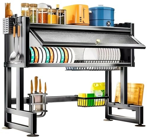 Abtropfgestell Über Der Spüle 3 Ebenen, Großes Geschirrständer Küche | Abtropfgestell mit Abdeckung, Rostfrei Küchen Organizer Spüle, Direktablauf Dish Rack für Große Familien, Schwarz