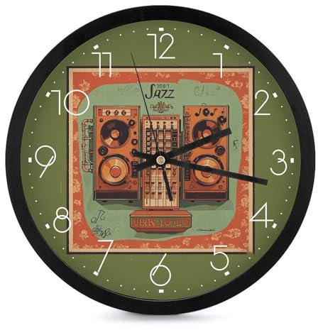 Round Wall Clock Battery Operated Wall Clocks Jazz Music Equipment with Vintage Background Silent Non-Ticking Walls Clock Modern Small Analog Quartz Clocks for Office Home Bathroom Kitchen Bedroom Eas