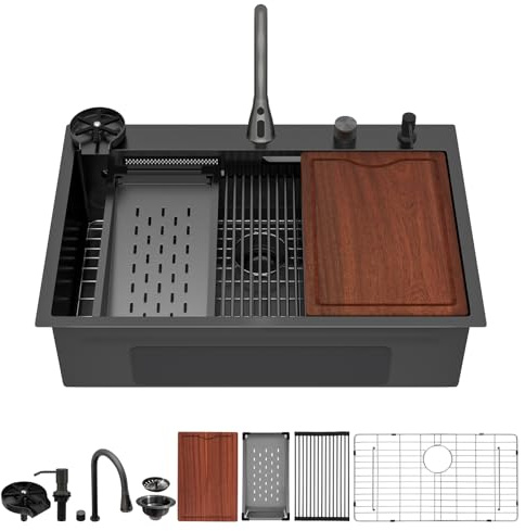 Lofeyo 33 Inch Black Waterfall Drop In Kitchen Sink with Faucet, 33x22 Topmount Stainless Steel 16 Guage Single Bowl Multifunctional Sinks Workstation with Glass Rinser and Soap Dispenser, LOF-WF3322