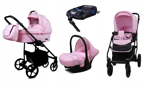 BabyLux® Kinderwagen Set 4 in 1 - Air - Sweet Pink - incl. Babywanne, Buggy Sportsitz, Auto-Babyschale, Basisstation - Autositz - Kinderwagenset - Kombikinderwagen mit Wickeltasche usw.