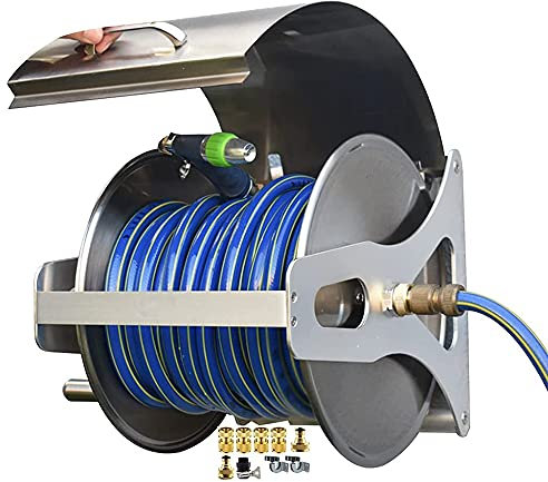 BSIDFEN Dévidoir pour Tuyau d'arrosage, Support pour Tuyau d'arrosage en Acier Inoxydable avec Couvercle, Organiseur Mural pour Tuyau d'arrosage, 15 m (15 m)